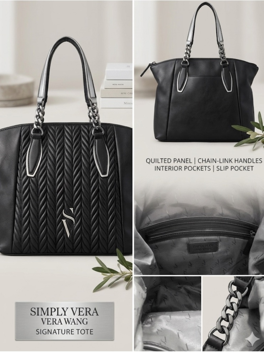 Vera Wang Black Quilted Chain-Handle Tote